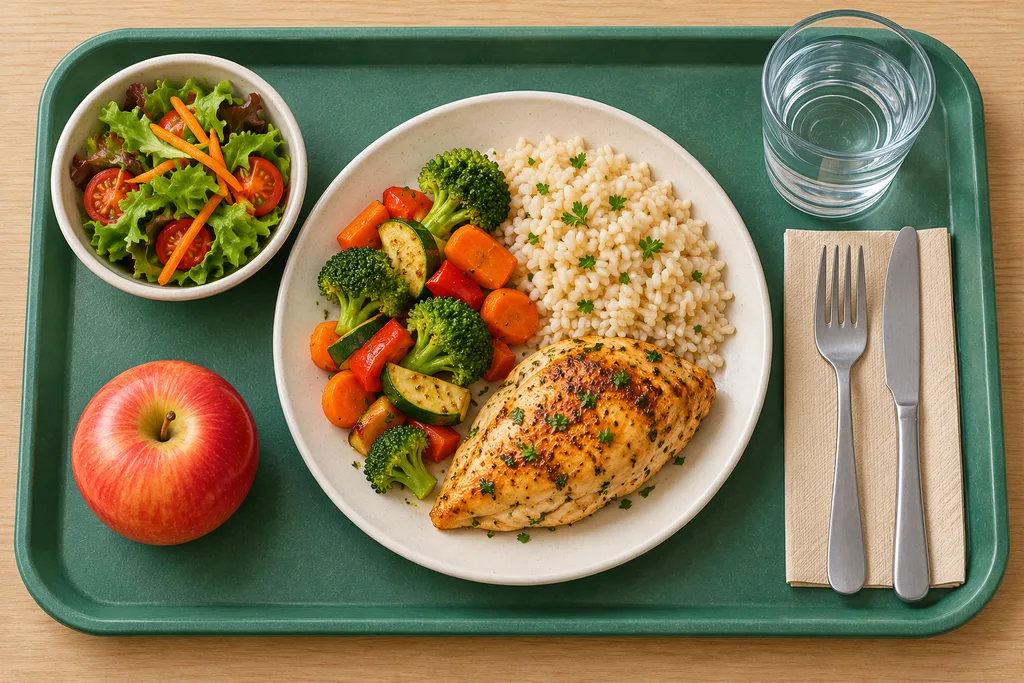 Plateau repas complet posé sur une table de cantine de club.