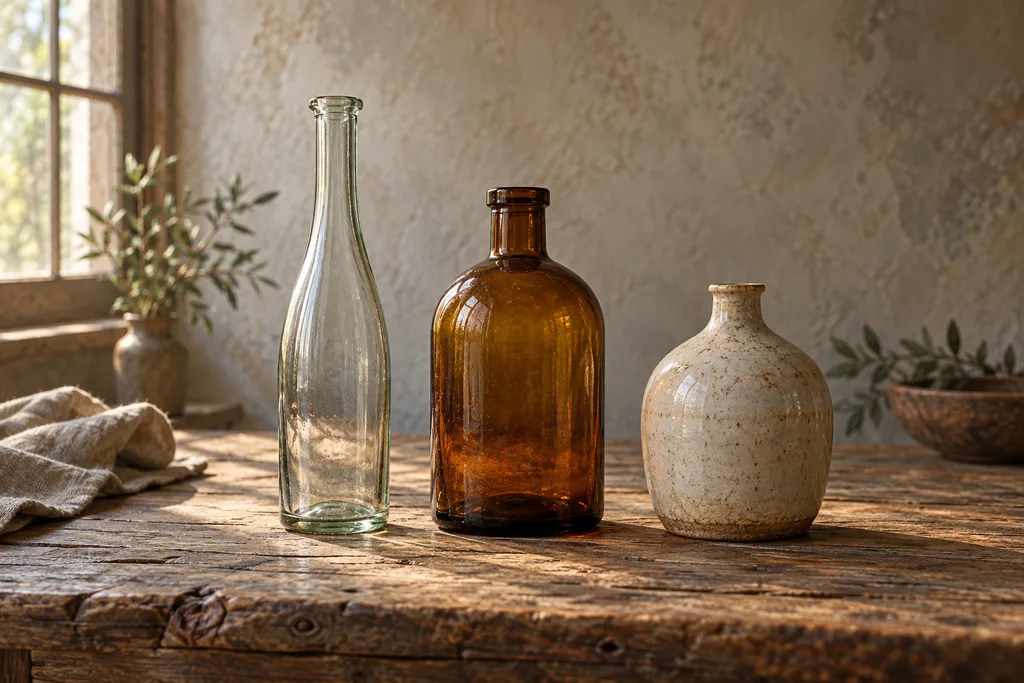 Trois bouteilles différentes alignées sur une table au bord d'un terrain.