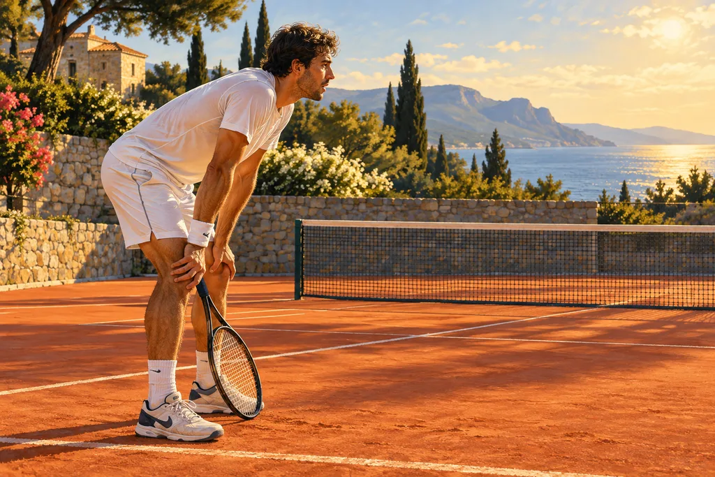 Joueur de tennis penché, une main sur le genou, au fond du court sous le soleil.